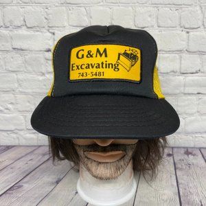 Vintage Trucker Hat Mesh Cap Snapback Black Yellow G&M Excavating Patch Logo 80s